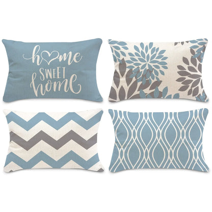 Blue Geometric Linen Throw Pillow Covers, Modern Sofa Cushion Covers
