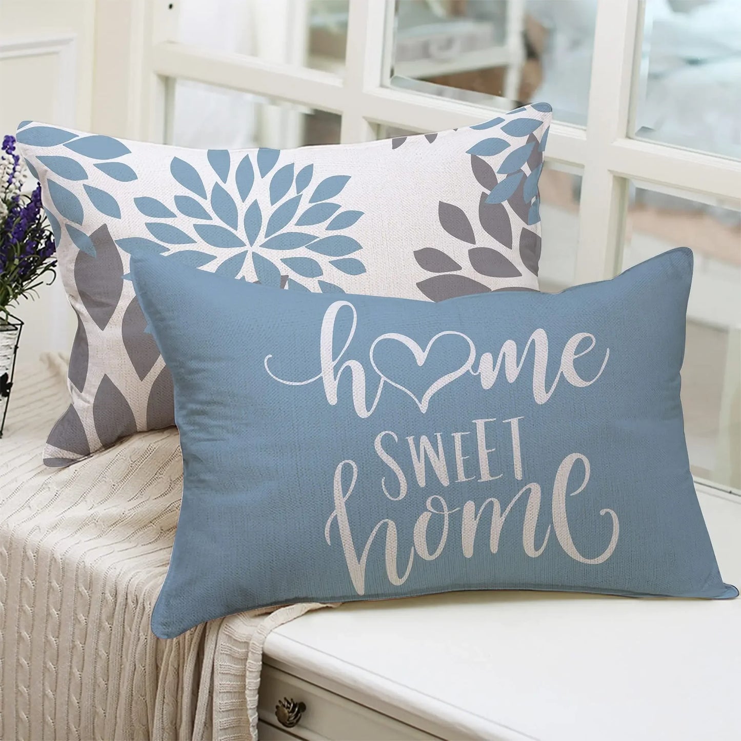 Blue Geometric Linen Throw Pillow Covers, Modern Sofa Cushion Covers