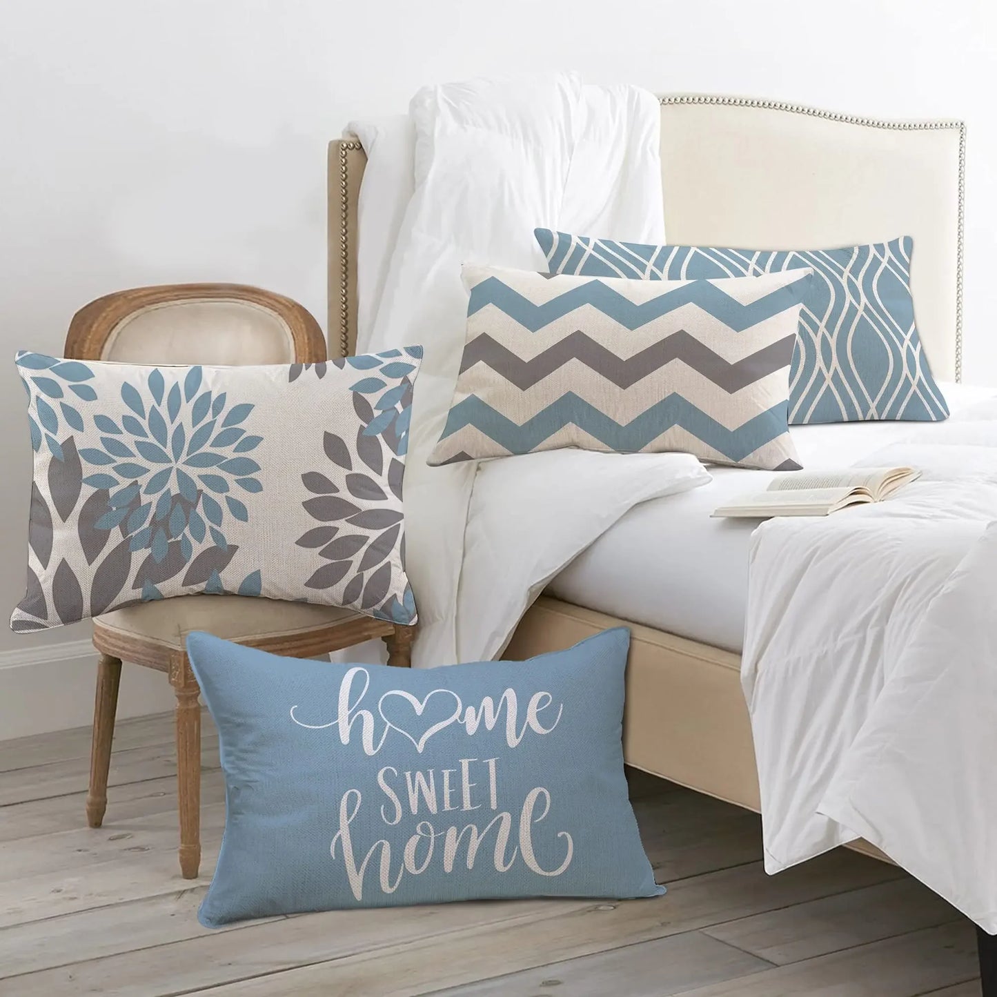 Blue Geometric Linen Throw Pillow Covers, Modern Sofa Cushion Covers