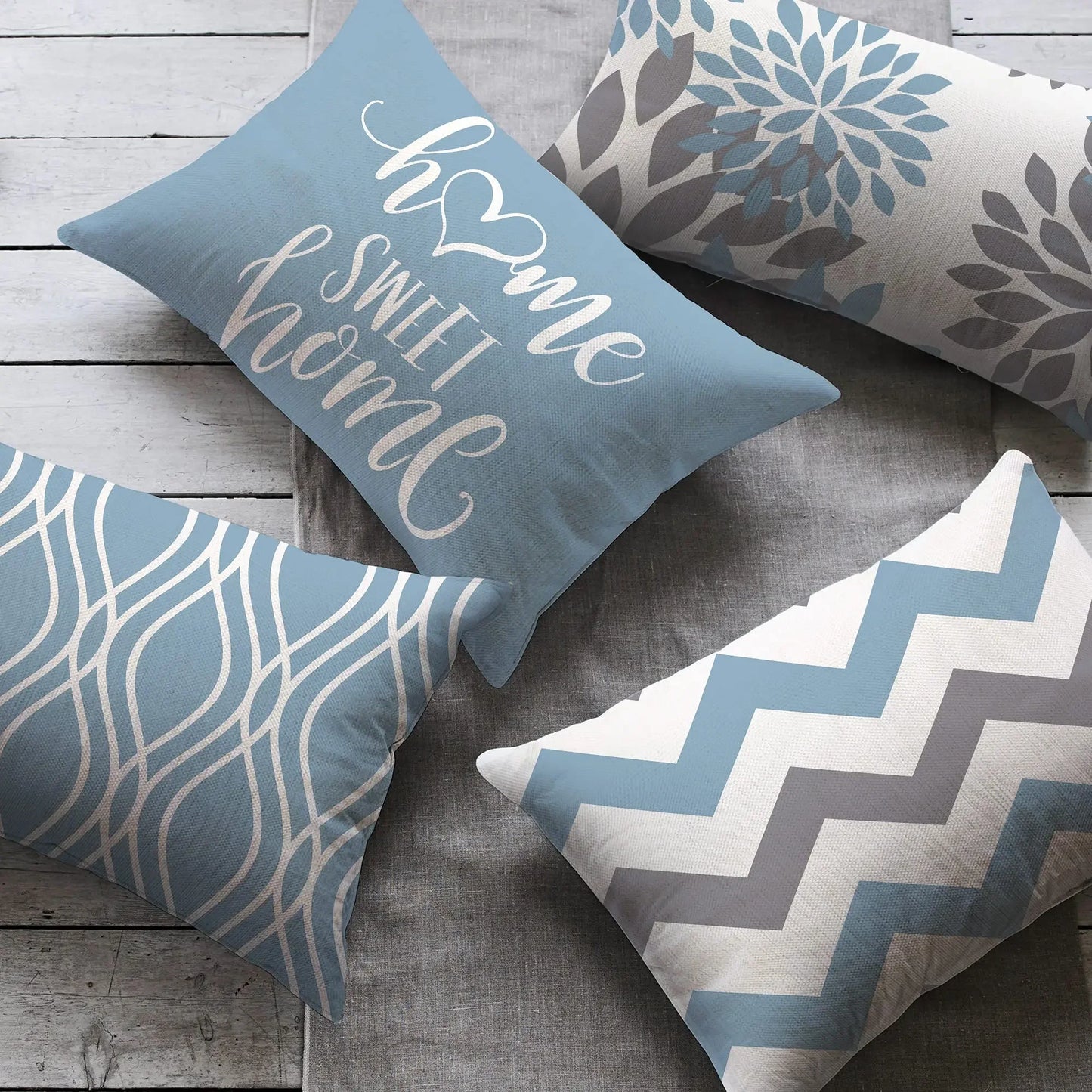 Blue Geometric Linen Throw Pillow Covers, Modern Sofa Cushion Covers
