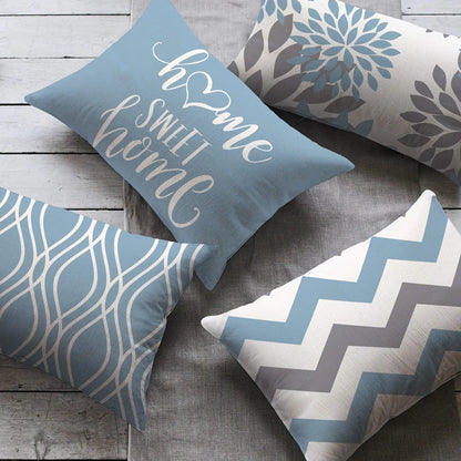 Blue Geometric Linen Throw Pillow Covers, Modern Sofa Cushion Covers