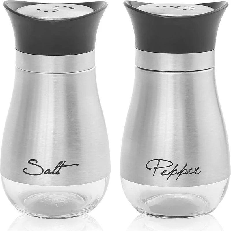 Salt & Pepper Shaker Set Glass Bottles with Stainless Accents