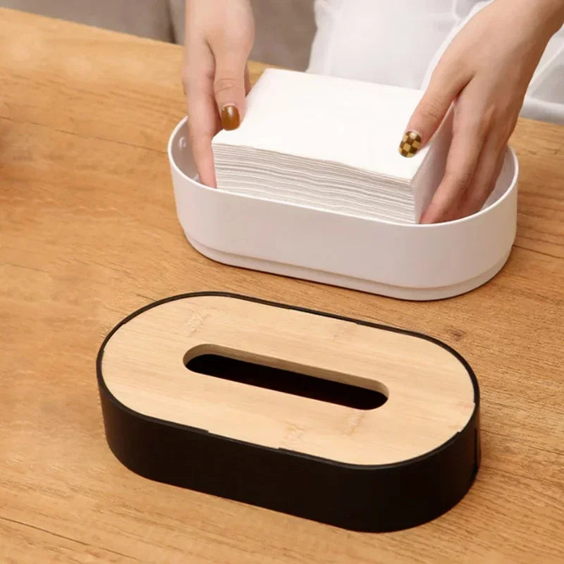 Bamboo Lid Tissue Box - Modern Wood & Resin Napkin Holder