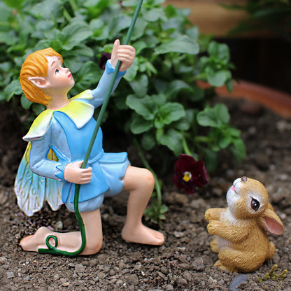 Fairy Garden Statue Set - Kite-Flying Boy & Bunny Miniature Figures
