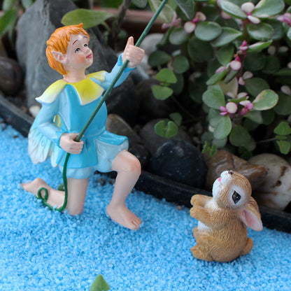 Fairy Garden Statue Set - Kite-Flying Boy & Bunny Miniature Figures