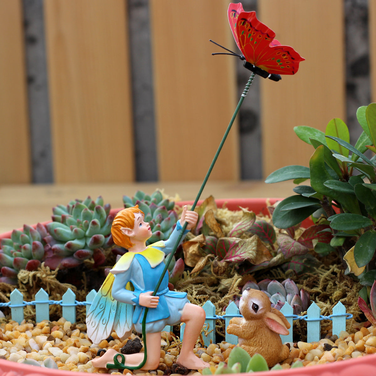 Fairy Garden Statue Set - Kite-Flying Boy & Bunny Miniature Figures