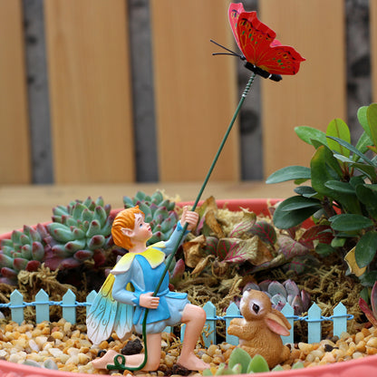 Fairy Garden Statue Set - Kite-Flying Boy & Bunny Miniature Figures