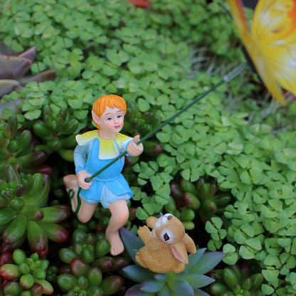 Fairy Garden Statue Set - Kite-Flying Boy & Bunny Miniature Figures