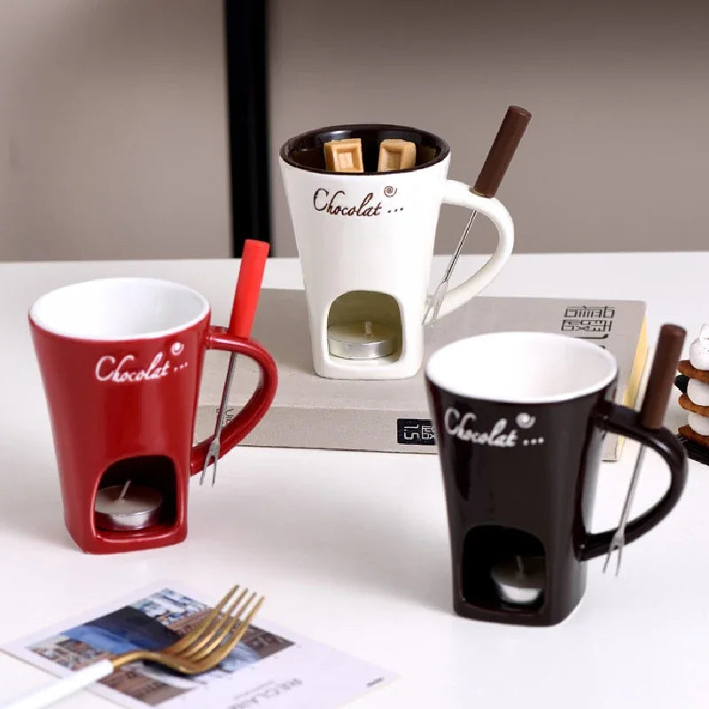 Ceramic Melting Mug with Fork & Tea Light, 130ml Fondue Cup