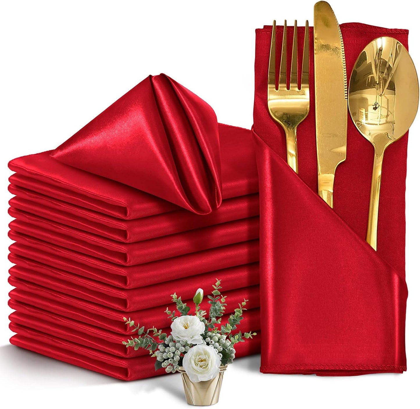 12-Pack Red Satin Napkins — Silky Washable 30x30cm Party Linens