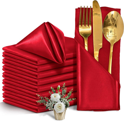 12-Pack Red Satin Napkins — Silky Washable 30x30cm Party Linens