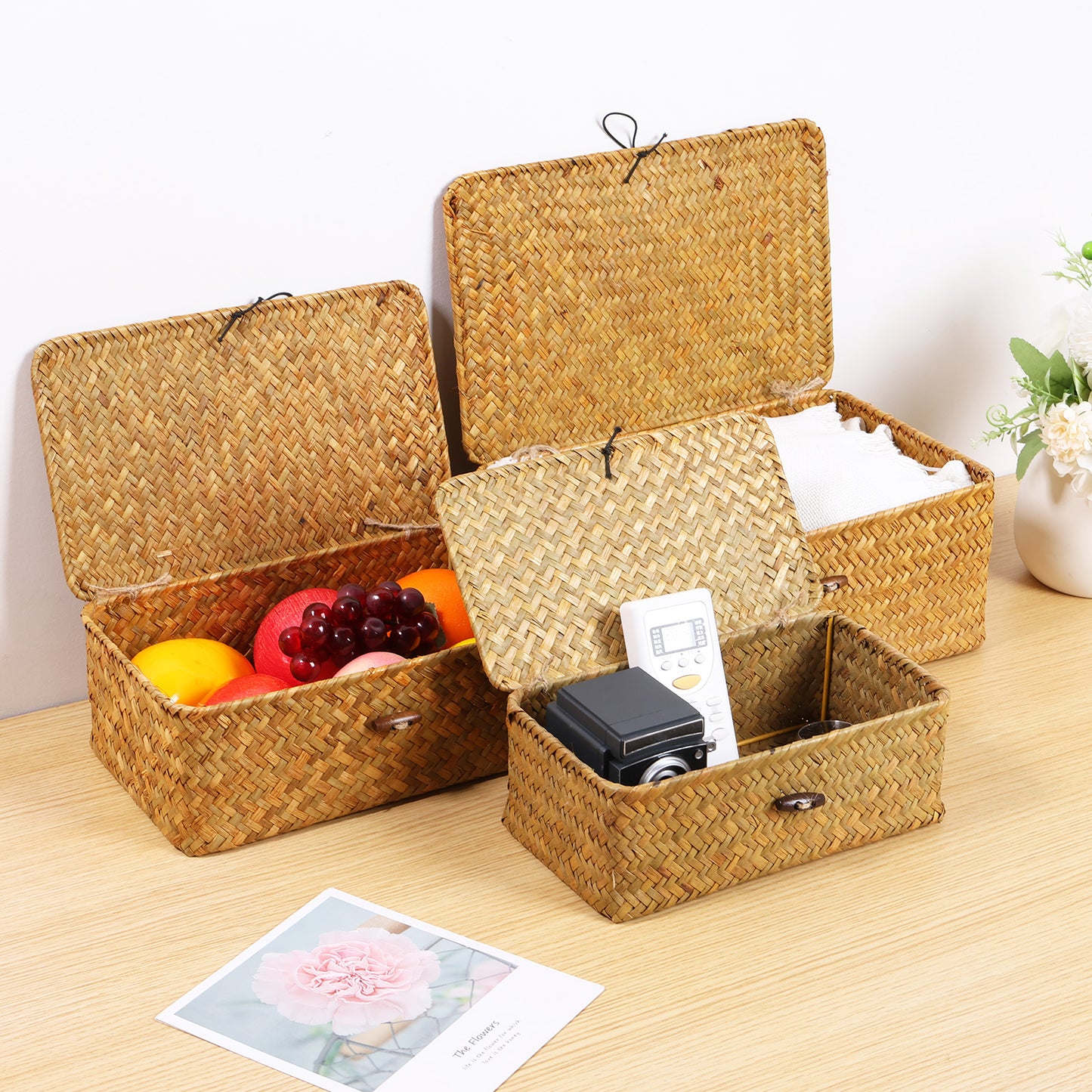 Woven Water Hyacinth Storage Boxes with Lids, Natural Basket Set