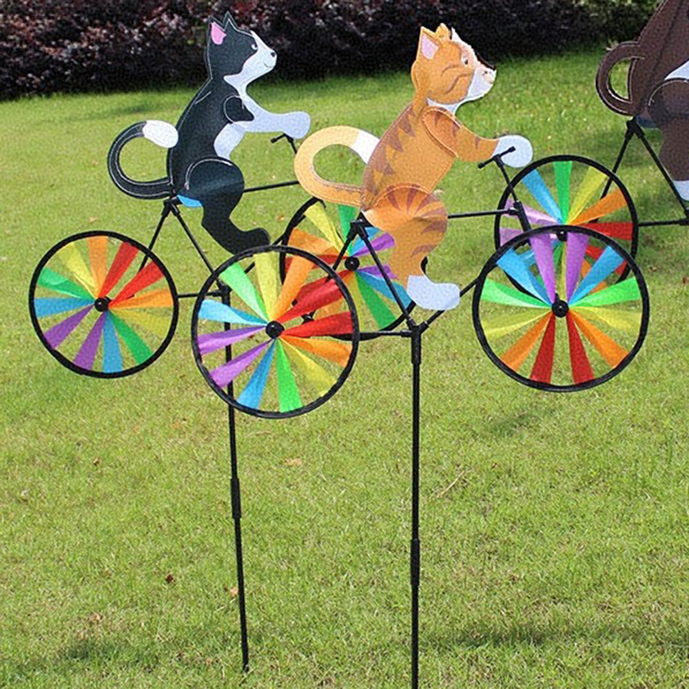 Cartoon Cat Bicycle Wind Spinner Garden Stake Rainbow Pinwheel Decor