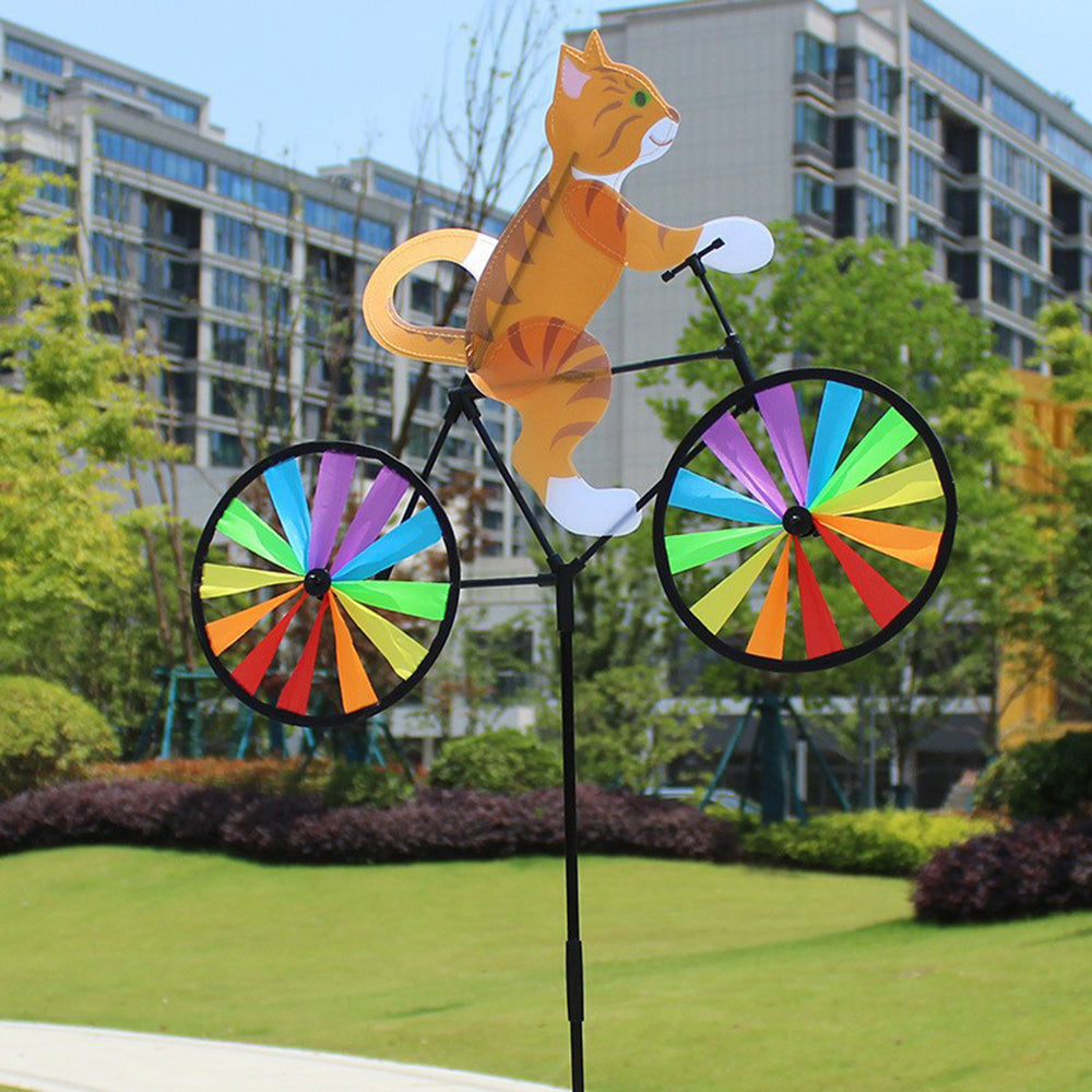Cartoon Cat Bicycle Wind Spinner Garden Stake Rainbow Pinwheel Decor