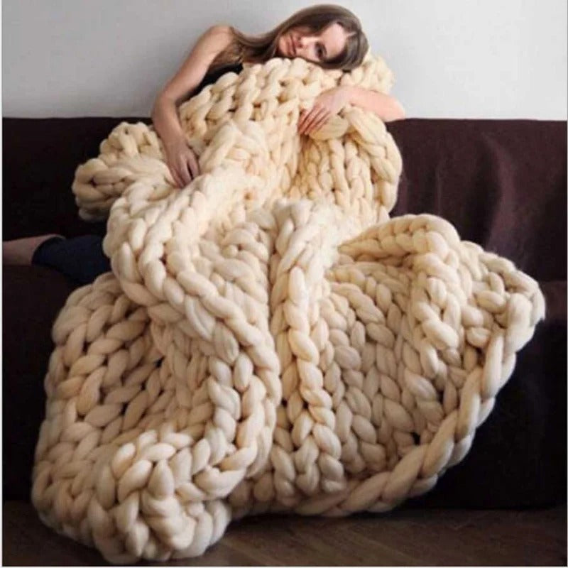Chunky Hand-Knit Blanket — Thick Chenille Yarn Cozy Throw
