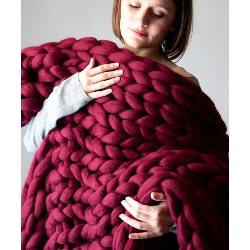 Chunky Hand-Knit Blanket — Thick Chenille Yarn Cozy Throw