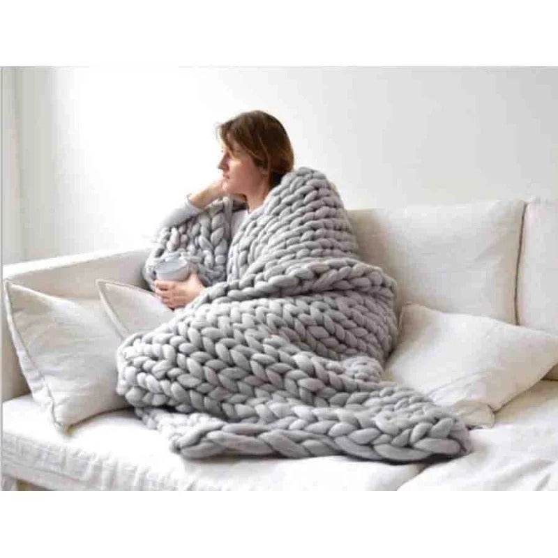 Chunky Hand-Knit Blanket — Thick Chenille Yarn Cozy Throw