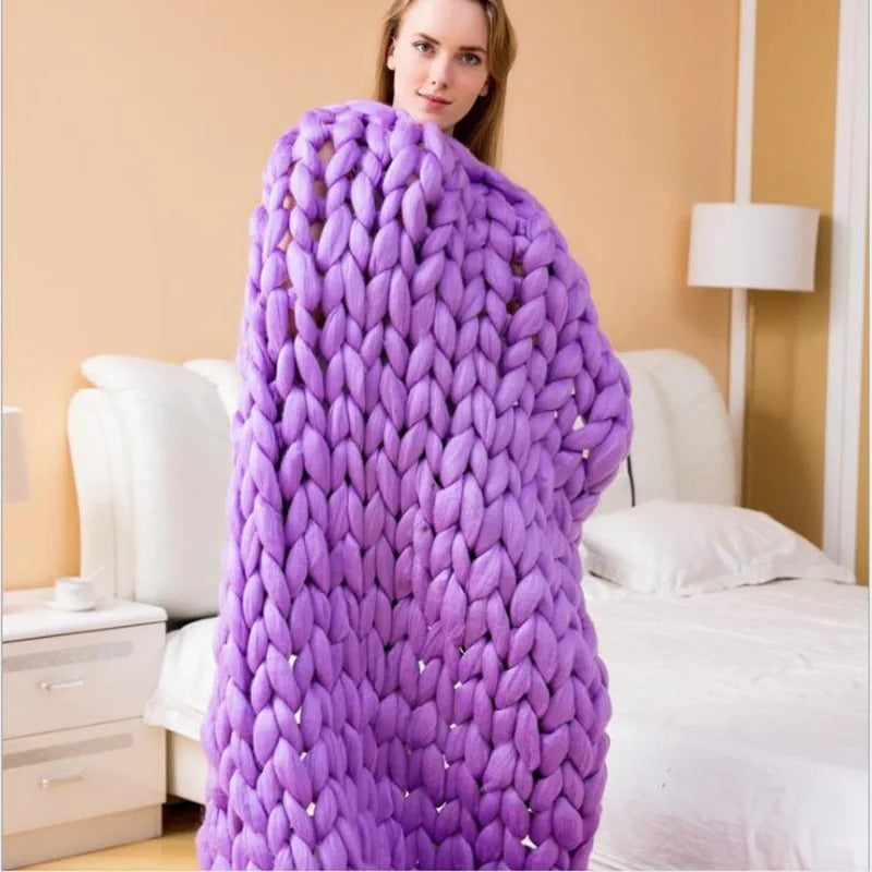 Chunky Hand-Knit Blanket — Thick Chenille Yarn Cozy Throw