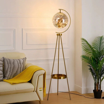 Gold Tripod Floor Lamp with Starry Glass Globe and Tray