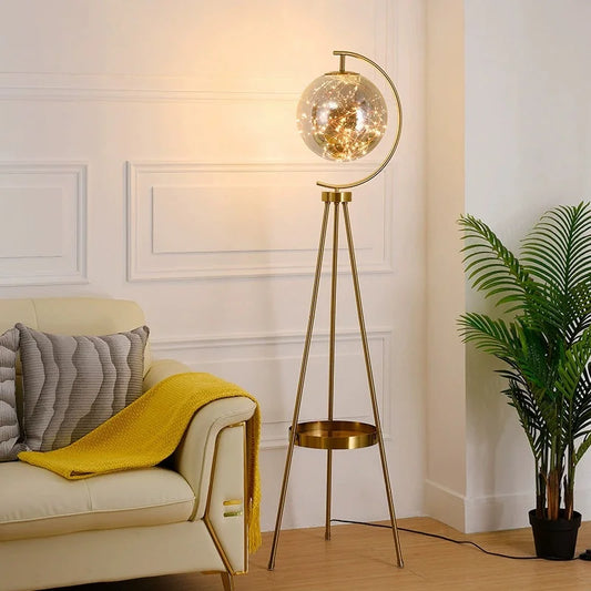 Gold Tripod Floor Lamp with Starry Glass Globe and Tray
