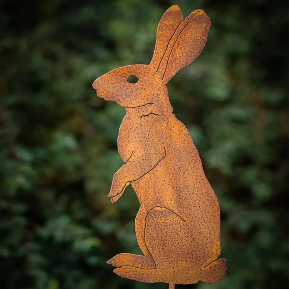 Rustic Metal Rabbit Garden Stake, Rusted Bunny Silhouette Yard Decor