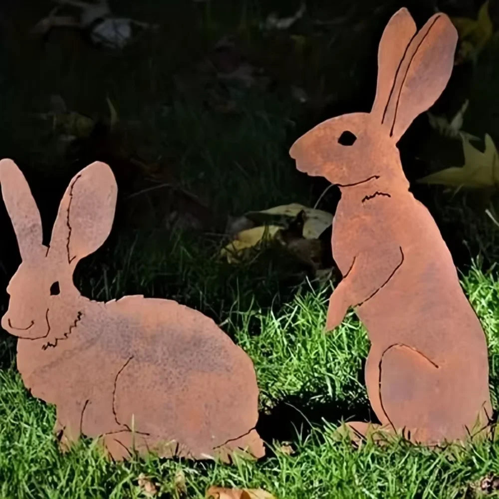 Rustic Metal Rabbit Garden Stake, Rusted Bunny Silhouette Yard Decor