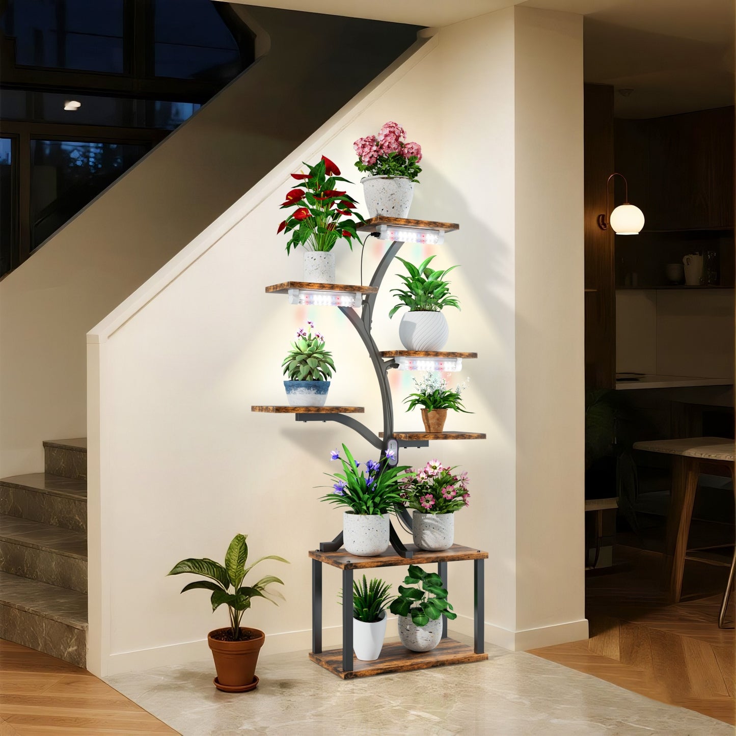 Tall Tree-Shaped Plant Stand with Grow Light Multi-Tier Shelf