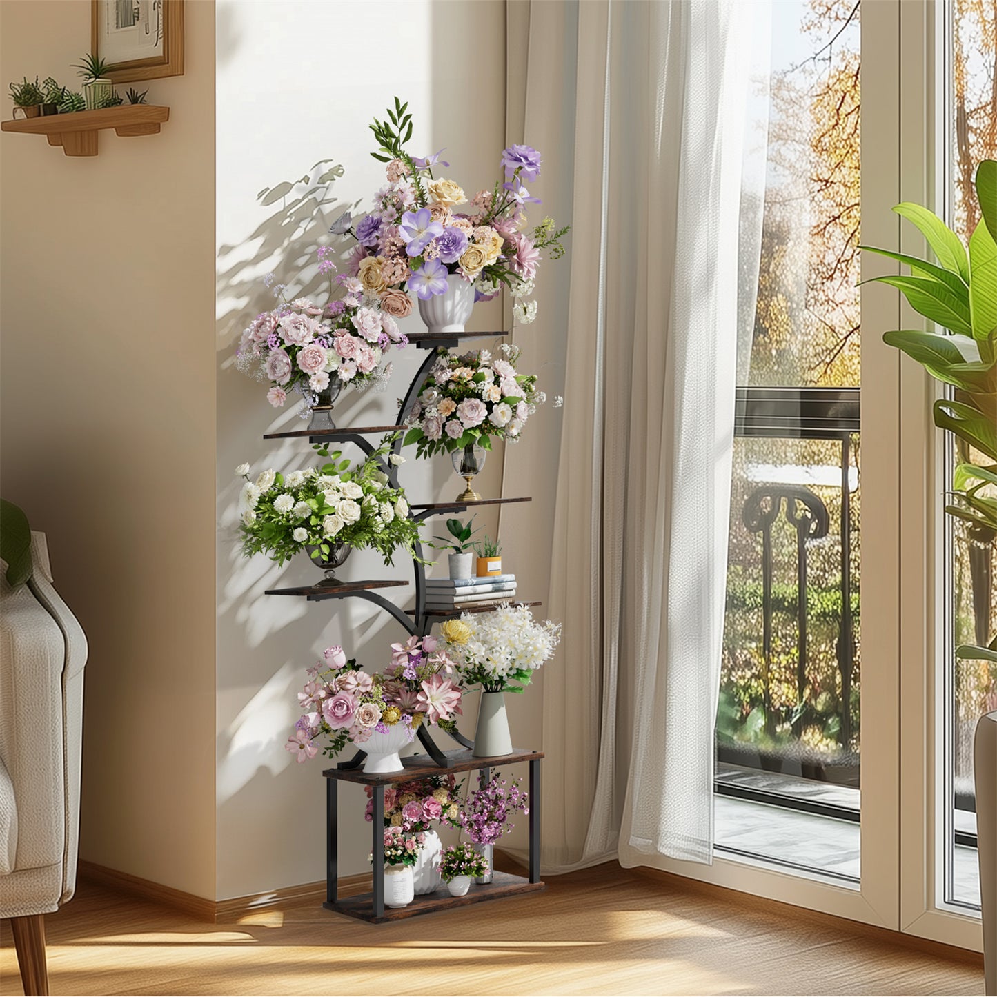 Tall Tree-Shaped Plant Stand with Grow Light Multi-Tier Shelf