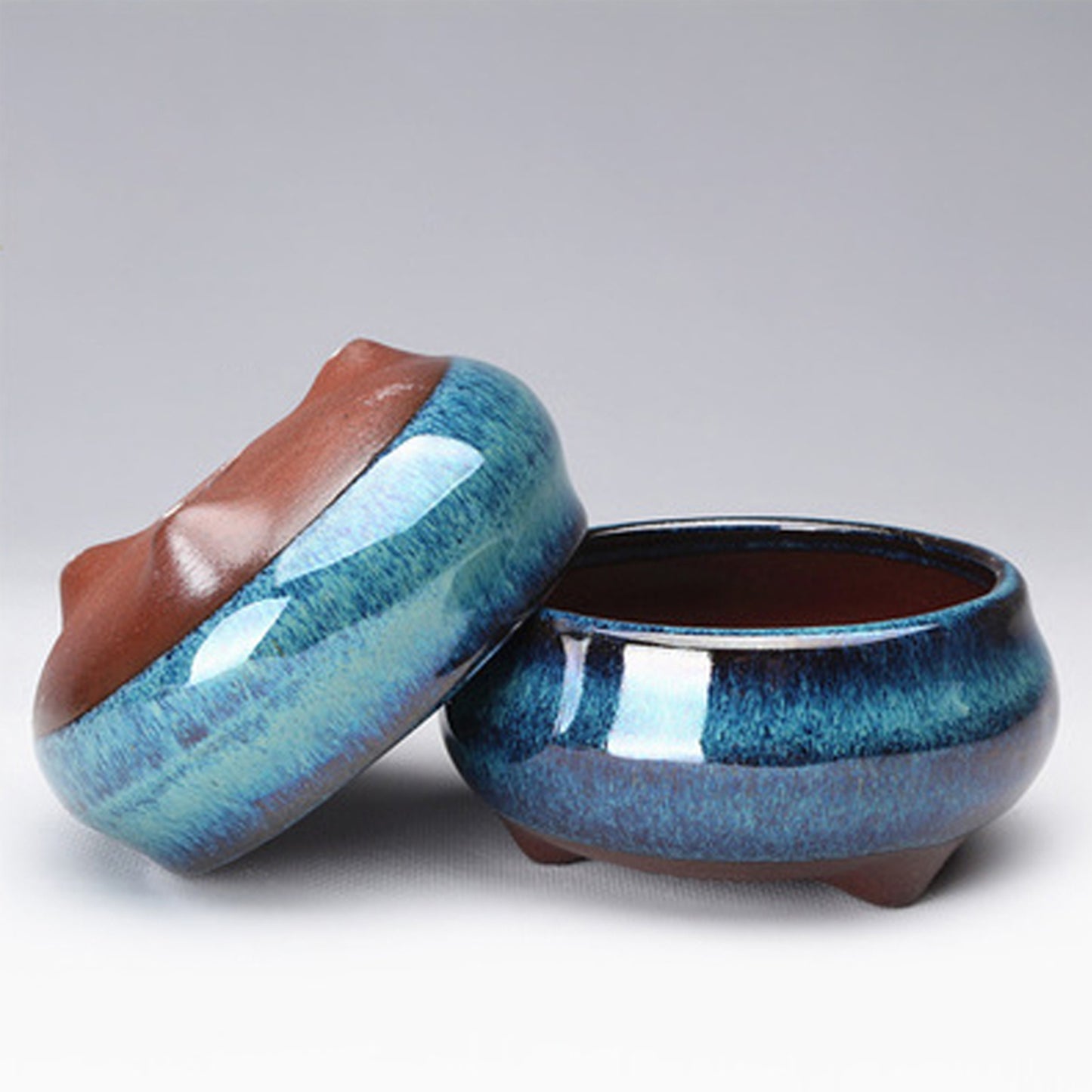 Blue Glazed Ceramic Planter Pot - Round Succulent Orchid Flower Pot