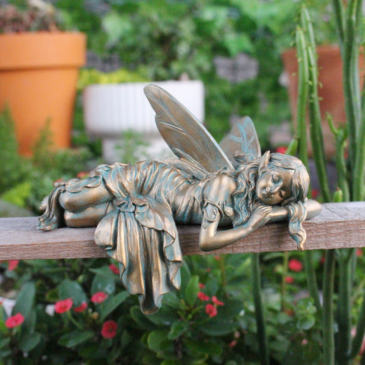 Sleeping Flower Fairy Garden Statue, Resin Bronze-Finish Outdoor Decor