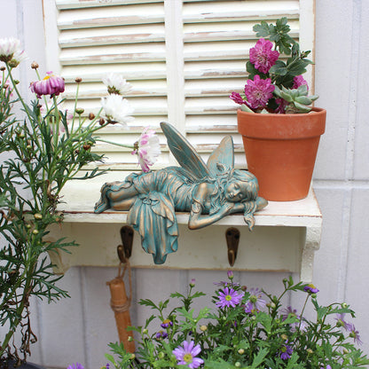 Sleeping Flower Fairy Garden Statue, Resin Bronze-Finish Outdoor Decor