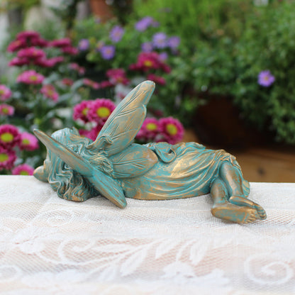 Sleeping Flower Fairy Garden Statue, Resin Bronze-Finish Outdoor Decor