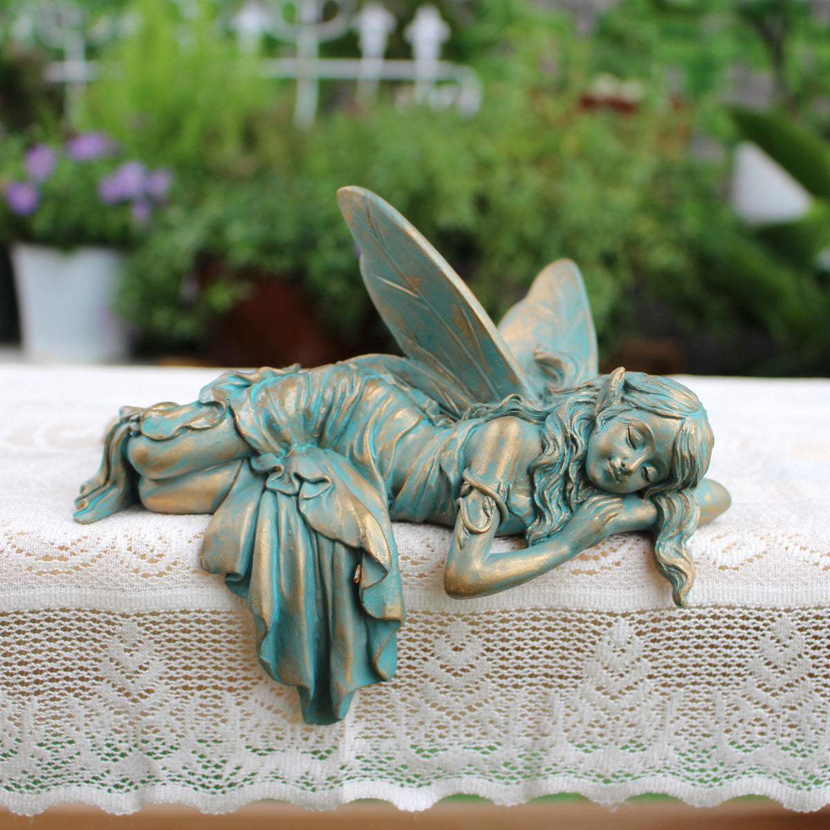 Sleeping Flower Fairy Garden Statue, Resin Bronze-Finish Outdoor Decor