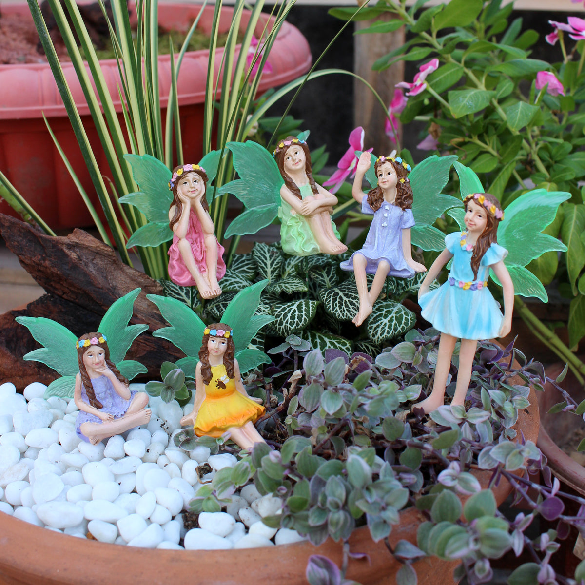 Glow-in-the-Dark Fairy Garden Set - 6 Resin Flower Fairy Statues