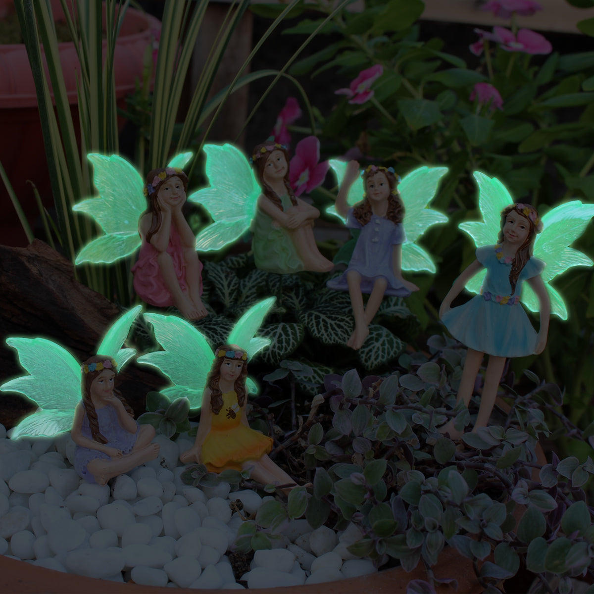 Glow-in-the-Dark Fairy Garden Set - 6 Resin Flower Fairy Statues