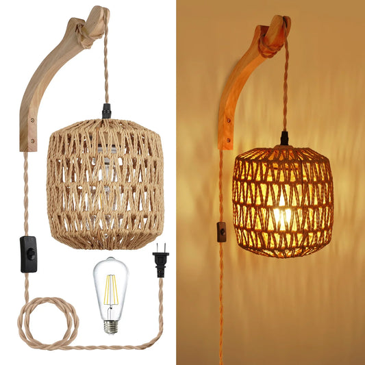 Woven Rattan Wall Lamp, Wood Arm Plug-In Bedside Sconce