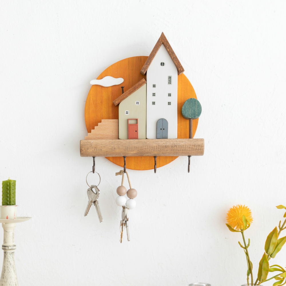 Cute Wooden House Wall Shelf with Key Hooks & Display Ledge