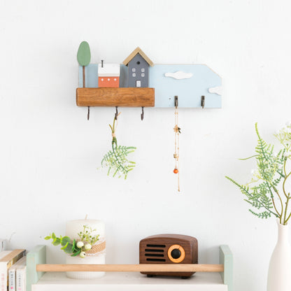 Cute Wooden House Wall Shelf with Key Hooks & Display Ledge