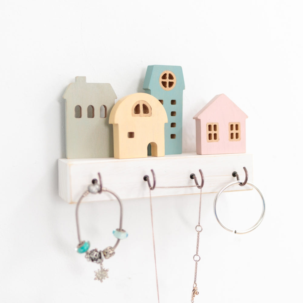 Cute Wooden House Wall Shelf with Key Hooks & Display Ledge