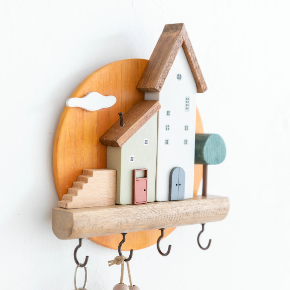 Cute Wooden House Wall Shelf with Key Hooks & Display Ledge