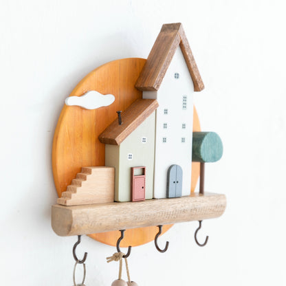Cute Wooden House Wall Shelf with Key Hooks & Display Ledge