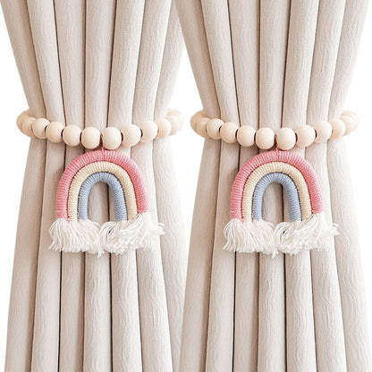 Wooden Beaded Curtain Tiebacks Set of 2 Boho Rainbow Tassel