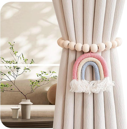 Wooden Beaded Curtain Tiebacks Set of 2 Boho Rainbow Tassel