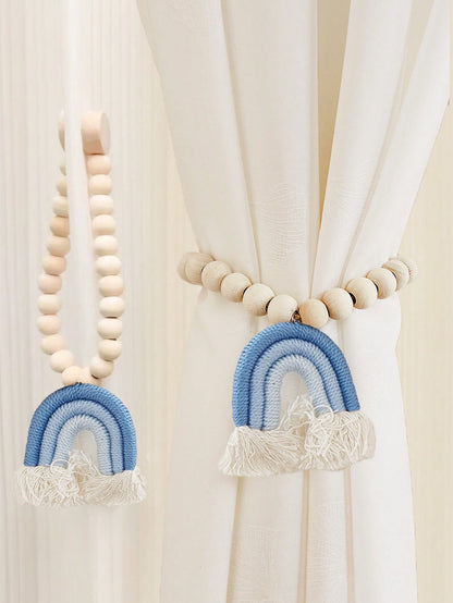 Wooden Beaded Curtain Tiebacks Set of 2 Boho Rainbow Tassel