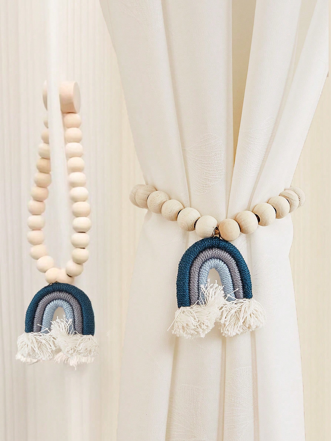 Wooden Beaded Curtain Tiebacks Set of 2 Boho Rainbow Tassel
