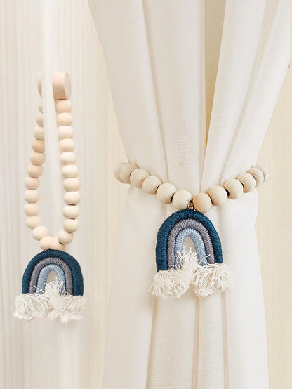 Wooden Beaded Curtain Tiebacks Set of 2 Boho Rainbow Tassel