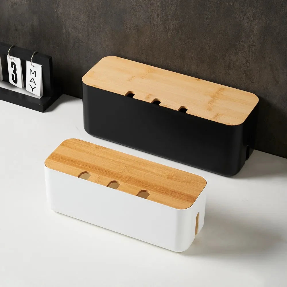 Bamboo-Lid Cable Management Box, Cord & Power Strip Organizer