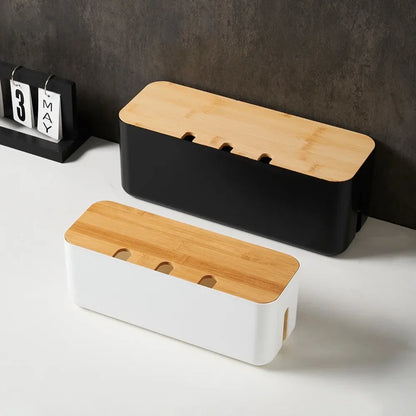 Bamboo-Lid Cable Management Box, Cord & Power Strip Organizer