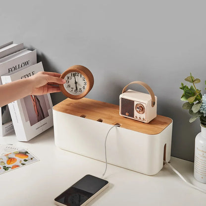 Bamboo-Lid Cable Management Box, Cord & Power Strip Organizer
