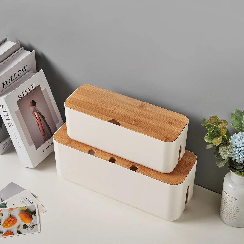 Bamboo-Lid Cable Management Box, Cord & Power Strip Organizer